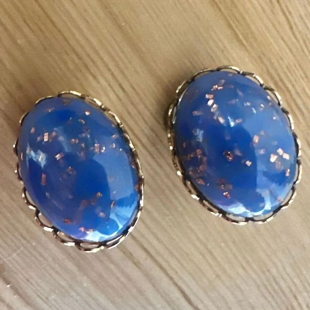 Vintage Blue Confetti Lucite Clip-On Earrings